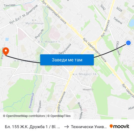 Бл. 155 Ж.К. Дружба 1 / Bl. 155, Druzhba 1 Qr. (0141) to Технически Университет - София map