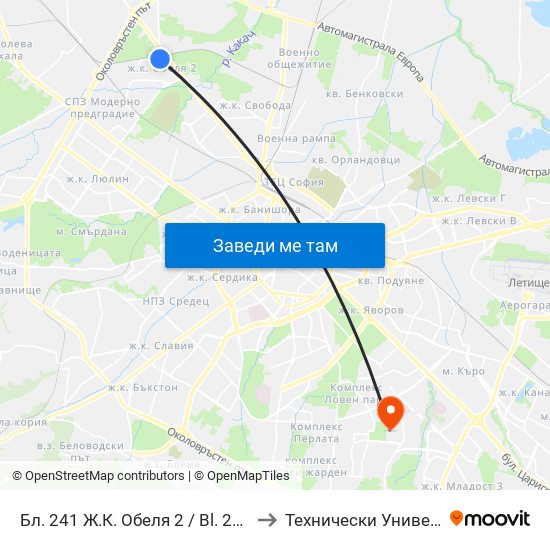 Бл. 241 Ж.К. Обеля 2 / Bl. 241, Obelya 2 Qr. (0171) to Технически Университет - София map