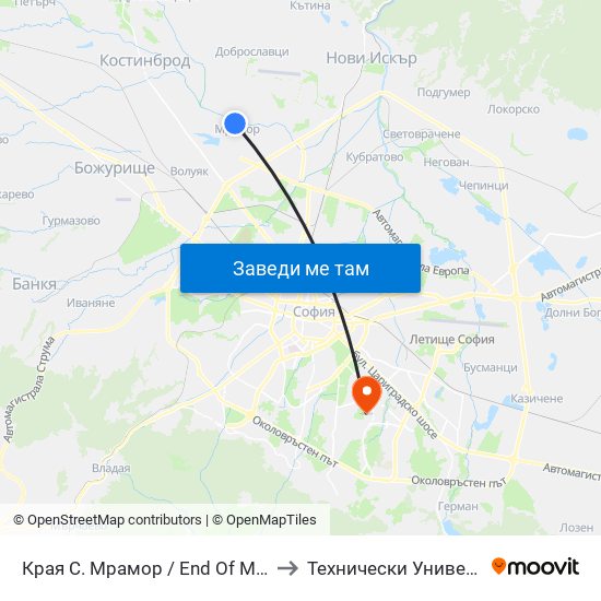 Края С. Мрамор / End Of Mramor Village (0439) to Технически Университет - София map