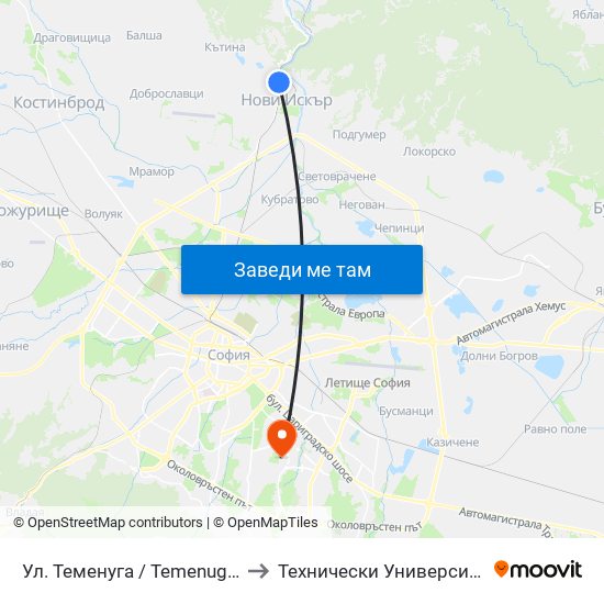 Ул. Теменуга / Temenuga St. (2200) to Технически Университет - София map