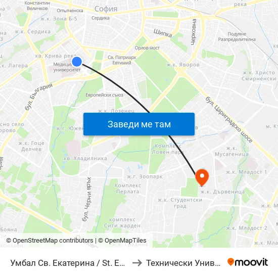 Умбал Св. Екатерина / St. Ekaterina Hospital (0443) to Технически Университет - София map
