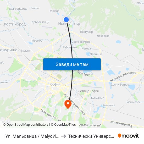 Ул. Мальовица / Malyovitsa St. (2538) to Технически Университет - София map