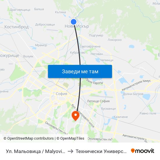 Ул. Мальовица / Malyovitsa St. (2539) to Технически Университет - София map