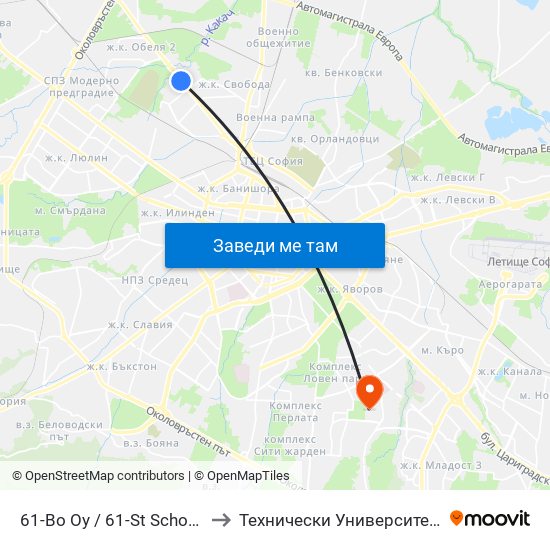61-Во Оу / 61-St School (2278) to Технически Университет - София map