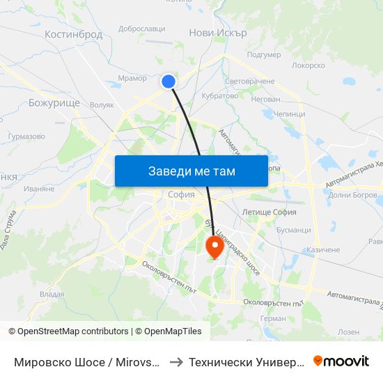 Мировско Шосе / Mirovsko Shosse (2629) to Технически Университет - София map