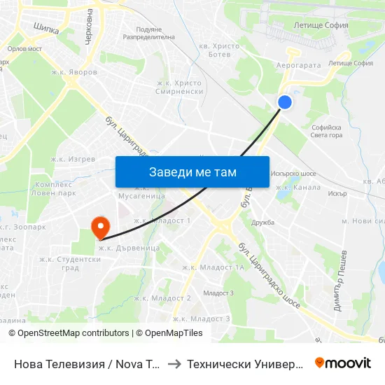 Нова Телевизия / Nova Television (2474) to Технически Университет - София map