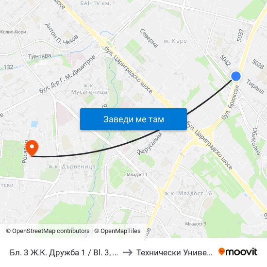 Бл. 3 Ж.К. Дружба 1 / Bl. 3, Druzhba 1 Qr.  (0184) to Технически Университет - София map