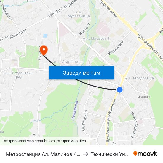 Метростанция Ал. Малинов / Al. Malinov Metro Station (0170) to Технически Университет - София map