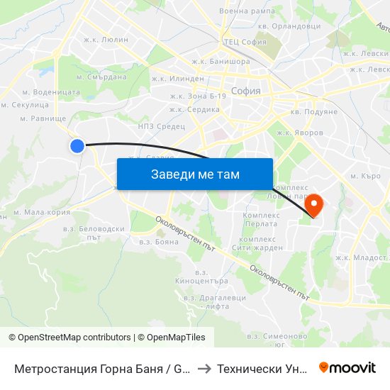 Метростанция Горна Баня / Gorna Banya Metro Station (2846) to Технически Университет - София map