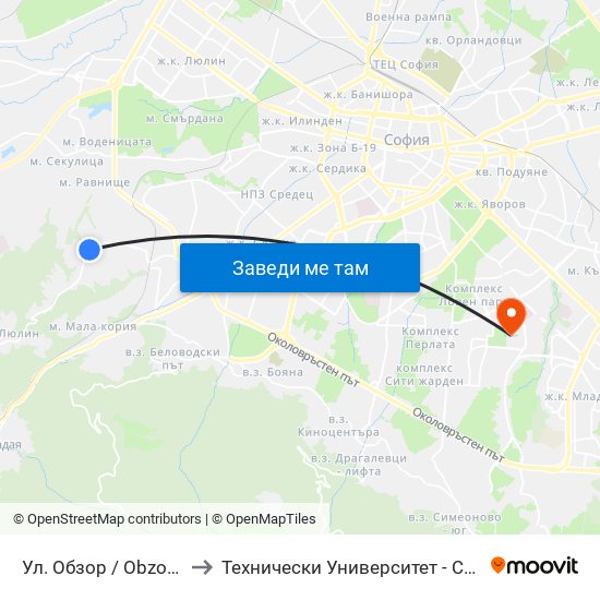 Ул. Обзор / Obzor St. to Технически Университет - София map