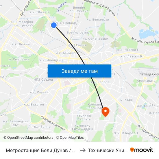 Метростанция Бели Дунав / Beli Dunav Metro Station (6708) to Технически Университет - София map