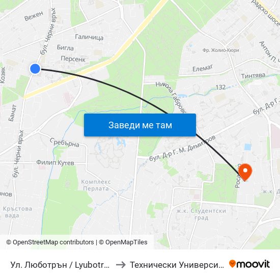 Ул. Люботрън / Lyubotran St. (2039) to Технически Университет - София map