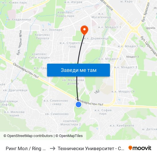 Ринг Мол / Ring Mall to Технически Университет - София map