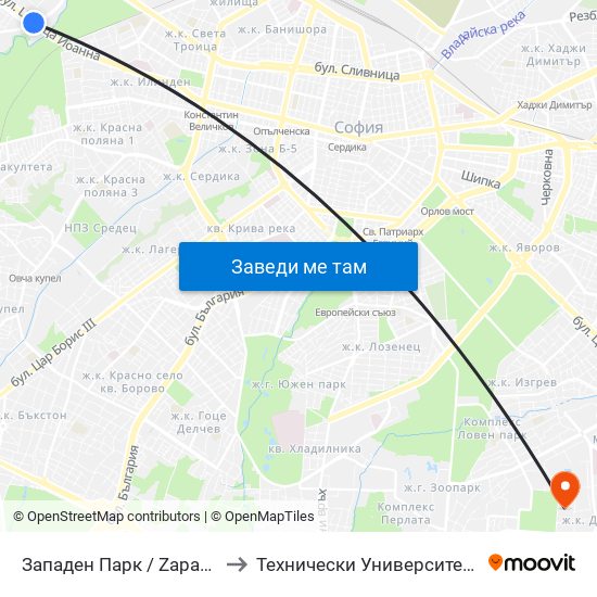 Западен Парк / Zapaden Park to Технически Университет - София map
