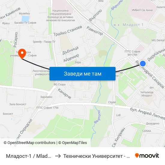 Младост-1 / Mladost 1 to Технически Университет - София map