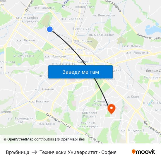 Връбница to Технически Университет - София map