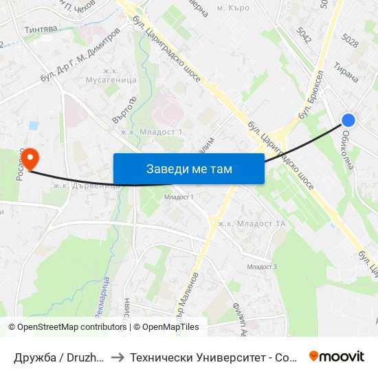 Дружба / Druzhba to Технически Университет - София map