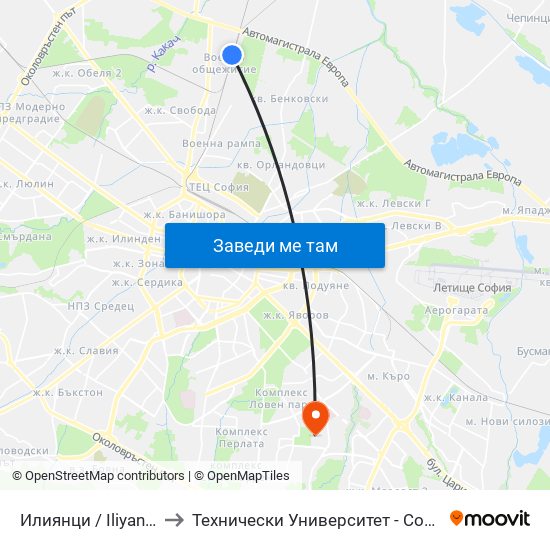Илиянци / Iliyantsi to Технически Университет - София map