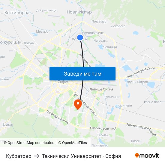 Кубратово to Технически Университет - София map