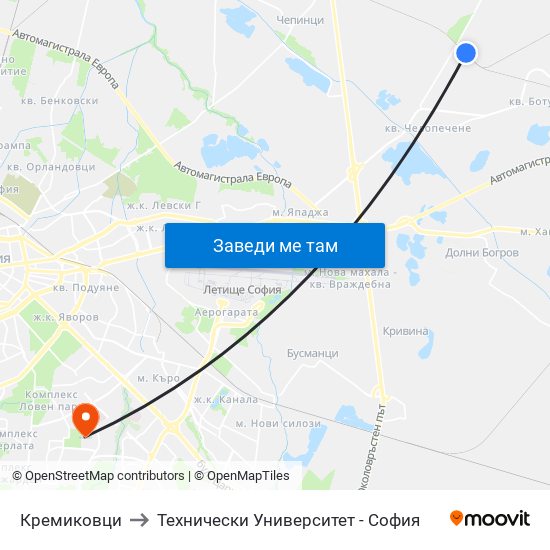 Кремиковци to Технически Университет - София map