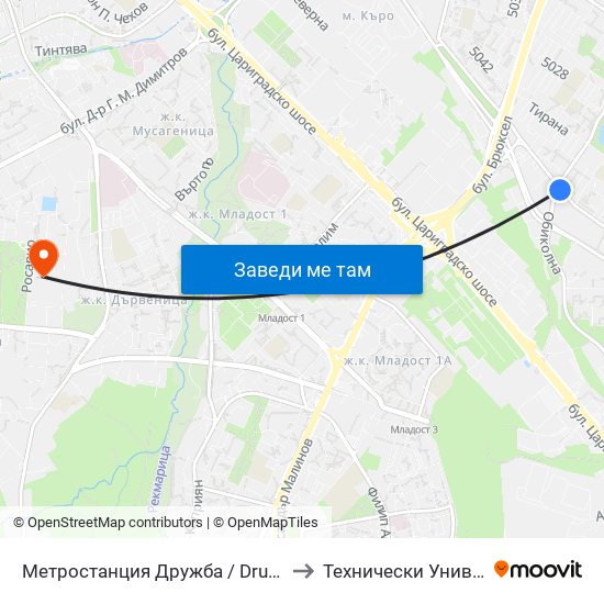Метростанция Дружба / Druzhba Metro Station (0235) to Технически Университет - София map