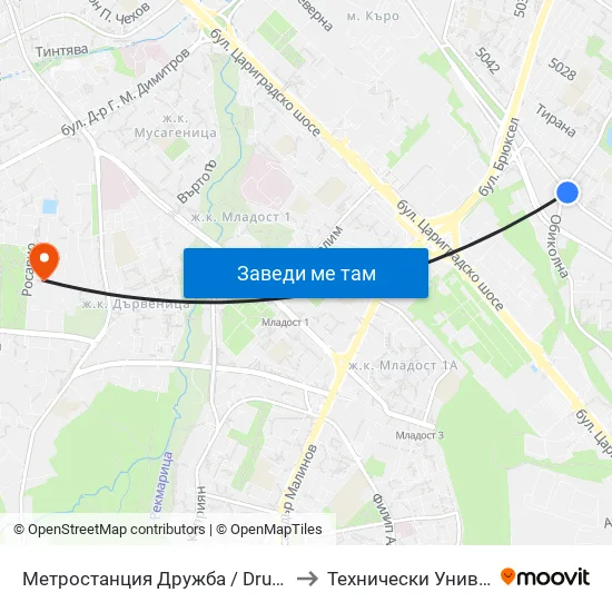 Ⓜ️ Метростанция Дружба / Druzhba Metro Station (0235) to Технически Университет - София map