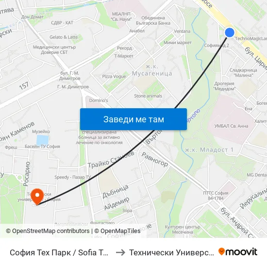 София Тех Парк / Sofia Tech Park (0576) to Технически Университет - София map