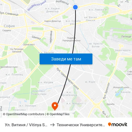 Ул. Витиня / Vitinya St. (1754) to Технически Университет - София map