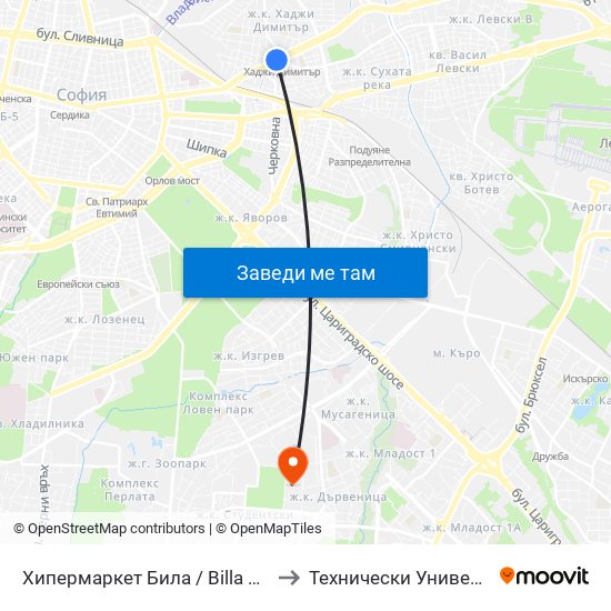 Хипермаркет Била / Billa Hypermarket (2108) to Технически Университет - София map