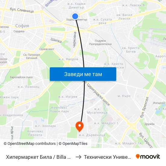 Ⓜ️ Метростанция Хаджи Димитър / Hadzhi Dimitar Metro Station (2108) to Технически Университет - София map