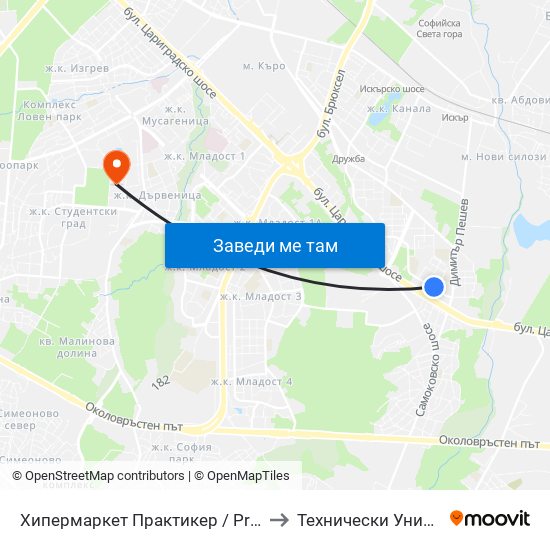 Хипермаркет Практикер / Praktiker Hypermarket (2408) to Технически Университет - София map