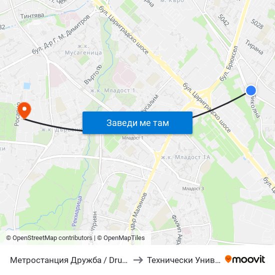Метростанция Дружба / Druzhba Metro Station (2739) to Технически Университет - София map