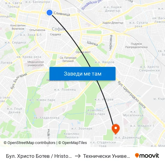 Бул. Христо Ботев / Hristo Botev Blvd. (0382) to Технически Университет - София map