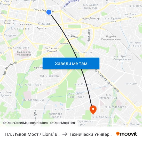 Пл. Лъвов Мост / Lions' Bridge Sq. (1278) to Технически Университет - София map