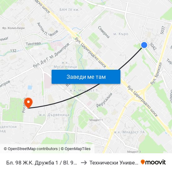 Бл. 98 Ж.К. Дружба 1 / Bl. 98, Druzhba 1 Qr. (0256) to Технически Университет - София map