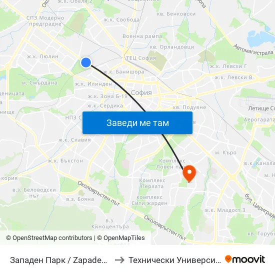 Западен Парк / Zapaden Park (1253) to Технически Университет - София map