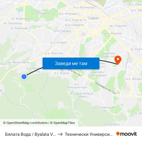 Бялата Вода / Byalata Voda (6068) to Технически Университет - София map