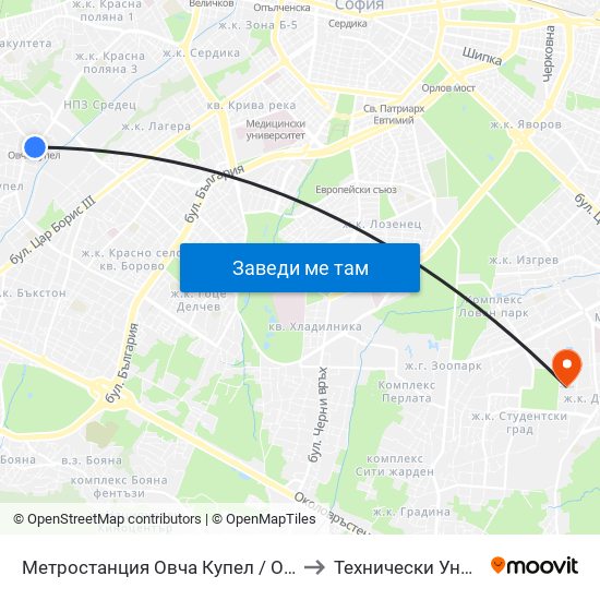 Метростанция Овча Купел / Ovcha Kupel Metro Station (6037) to Технически Университет - София map