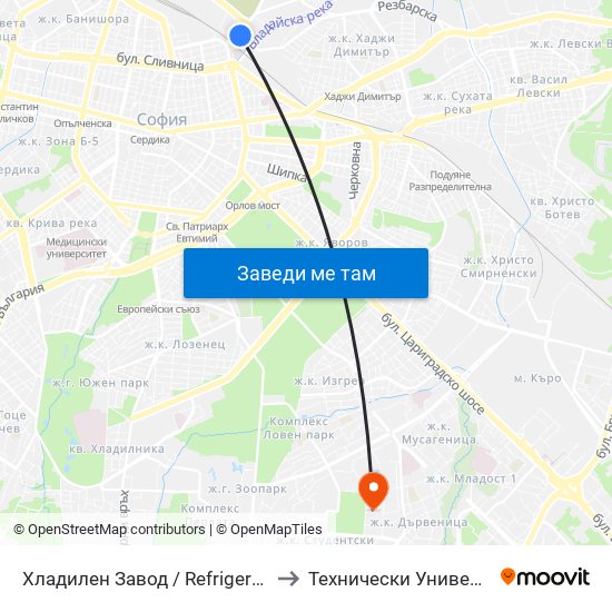 Хладилен Завод / Refrigerator Factory (2311) to Технически Университет - София map