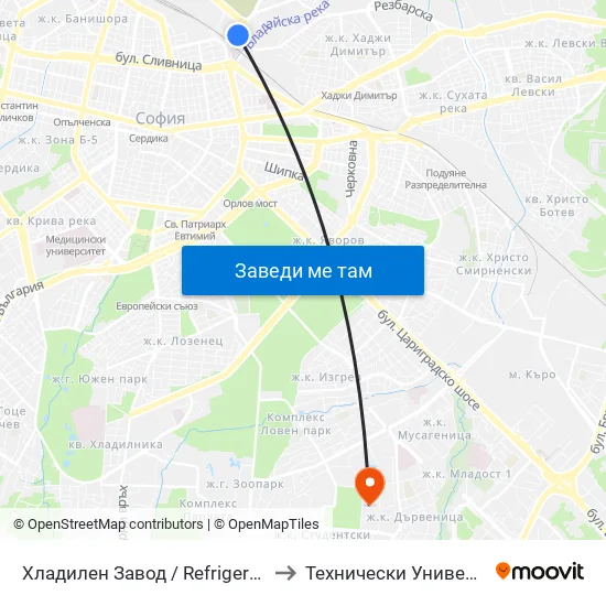 Хладилен Завод / Refrigerator Factory (2311) to Технически Университет - София map