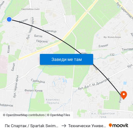 Пк Спартак / Spartak Swimming Complex (6639) to Технически Университет - София map