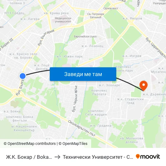 Ж.К. Бокар / Bokar Qr. to Технически Университет - София map