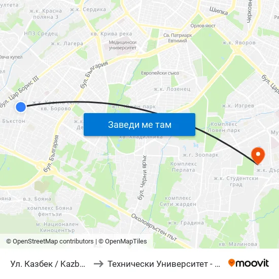 Ул. Казбек / Kazbek St. to Технически Университет - София map