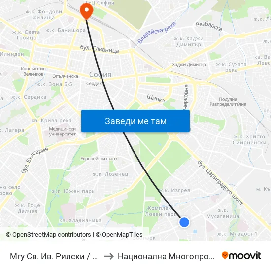 🎓 Минно-Геоложки Университет / University Of Mining And Geology (1033) to Национална Многопрофилна Транспортна Болница Цар Борис III map