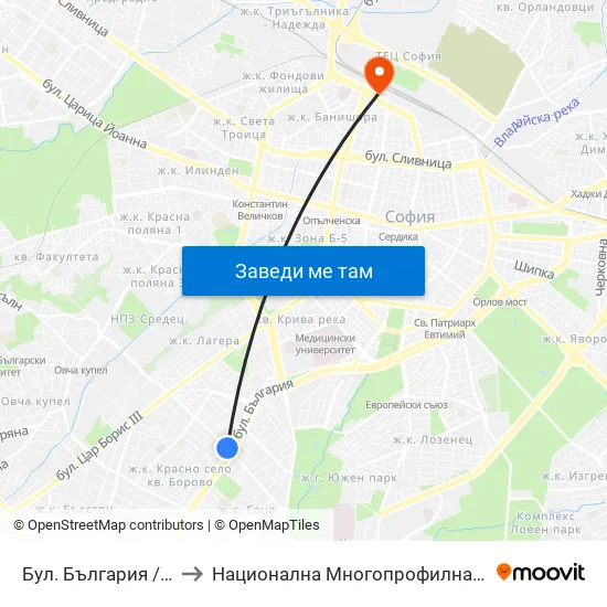 Бул. България / Bulgaria Blvd. (0290) to Национална Многопрофилна Транспортна Болница Цар Борис III map
