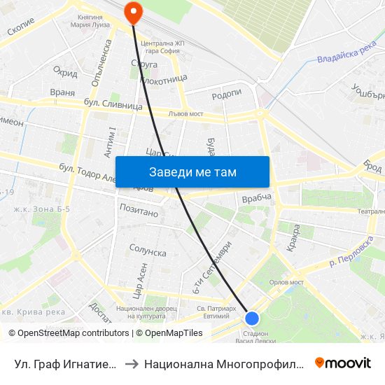 Ⓜ️ Ул. Граф Игнатиев / Graf Ignatiev St. (1913) to Национална Многопрофилна Транспортна Болница Цар Борис III map
