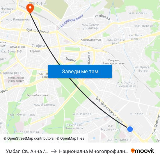 Умбал Св. Анна / St. Anna Hospital (1194) to Национална Многопрофилна Транспортна Болница Цар Борис III map