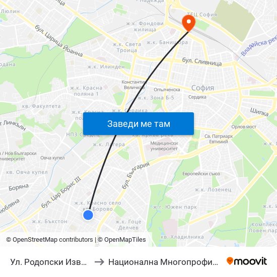 Ул. Родопски Извор / Rodopski Izvor St. (2730) to Национална Многопрофилна Транспортна Болница Цар Борис III map