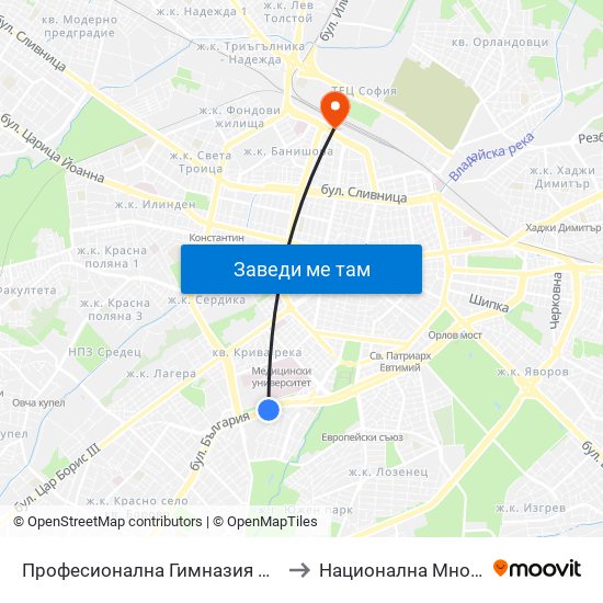 Професионална Гимназия По Дизайн Елисавета Вазова / Elisaveta Vazova High School Of Design (1736) to Национална Многопрофилна Транспортна Болница Цар Борис III map
