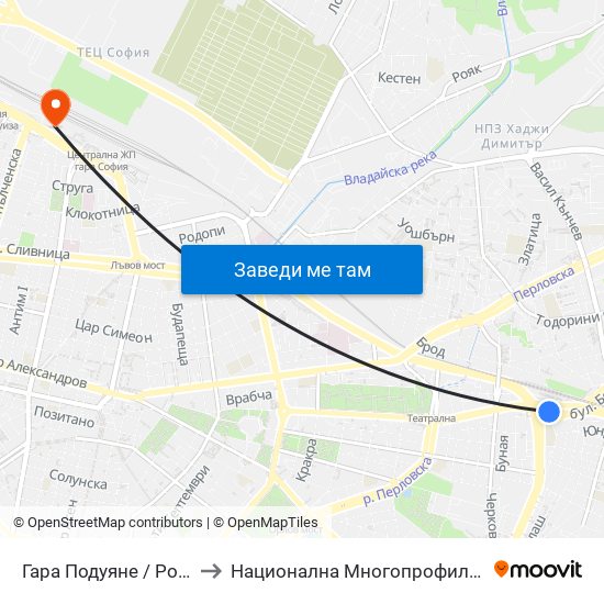 Гара Подуяне / Poduyane Train Station (0466) to Национална Многопрофилна Транспортна Болница Цар Борис III map